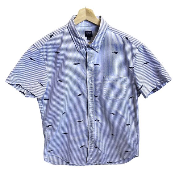 J Crew  Short Sleeve Blue‎ Striped Whale Embroidered Button Down Shirt Size Med - Picture 1 of 14